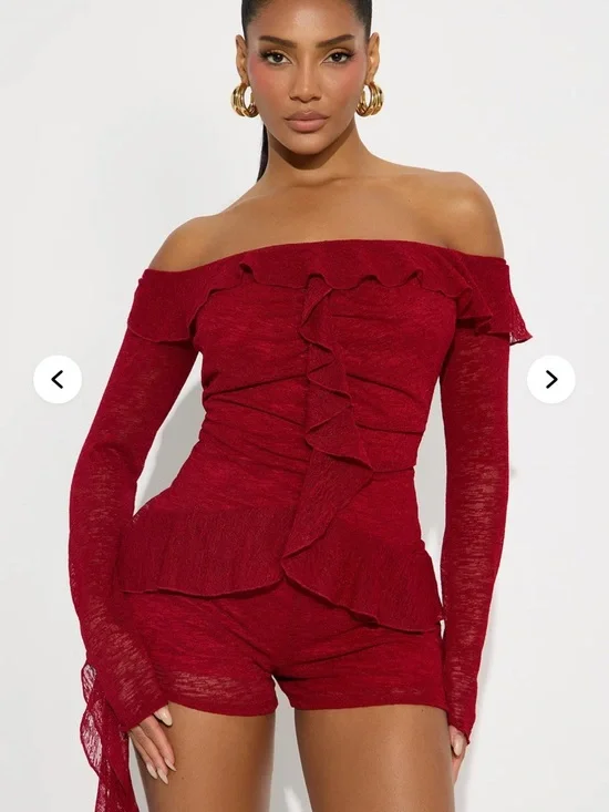 Fashion Nova Red Off-Shoulder Ruffle Romper - Picture 3 of 7